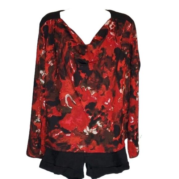 Vivienne Tam Red Black Draped Cowl Neck Long Sleeve Top Abstract Art SZ 14 - Picture 1 of 8